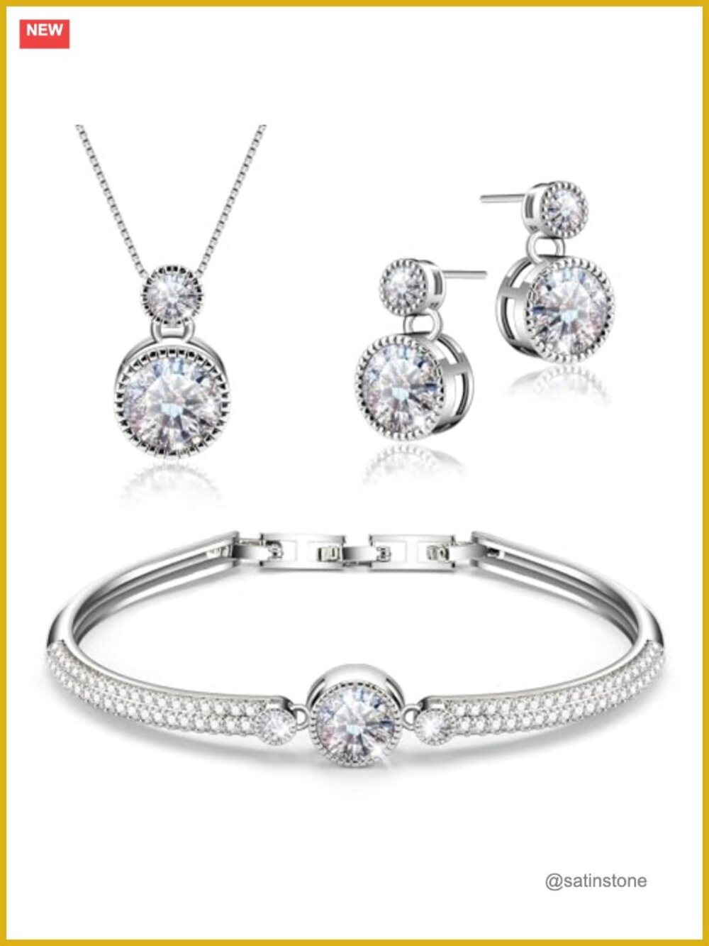 18K White Gold Plated Crystal 3-Piece Jewelry Set Necklace Bracelet Earrings
